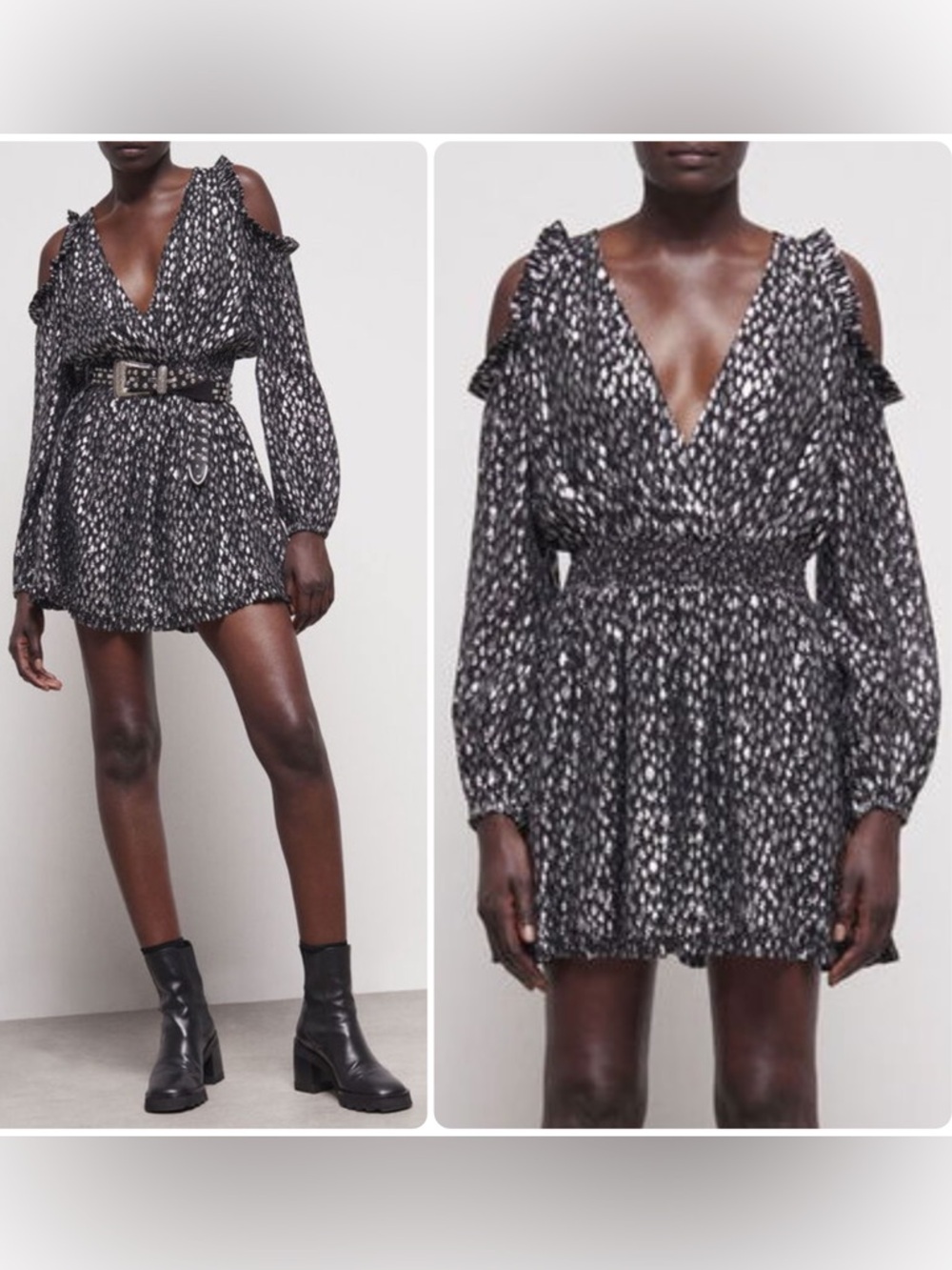 The Kooples Cold-Shoulder V-Neck Viscose-Blend Smoked Waist Mini Dress NWT $315